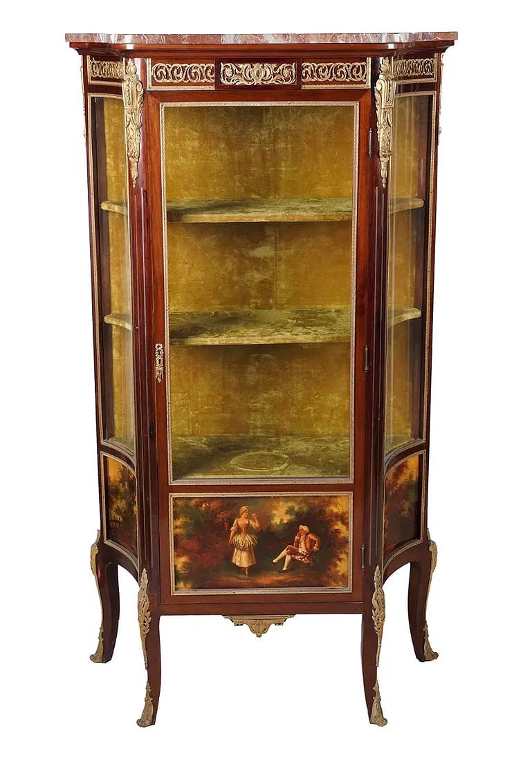 ORMOLU MOUNTED KINGWOOD VERNIS MARTIN. VITRINE: Circa 1900 marble top. measures: 63 x 35 x 15 in. (160 x 88.9 x 38.1 cm.) in overall good condition . Estimate $4000-5000