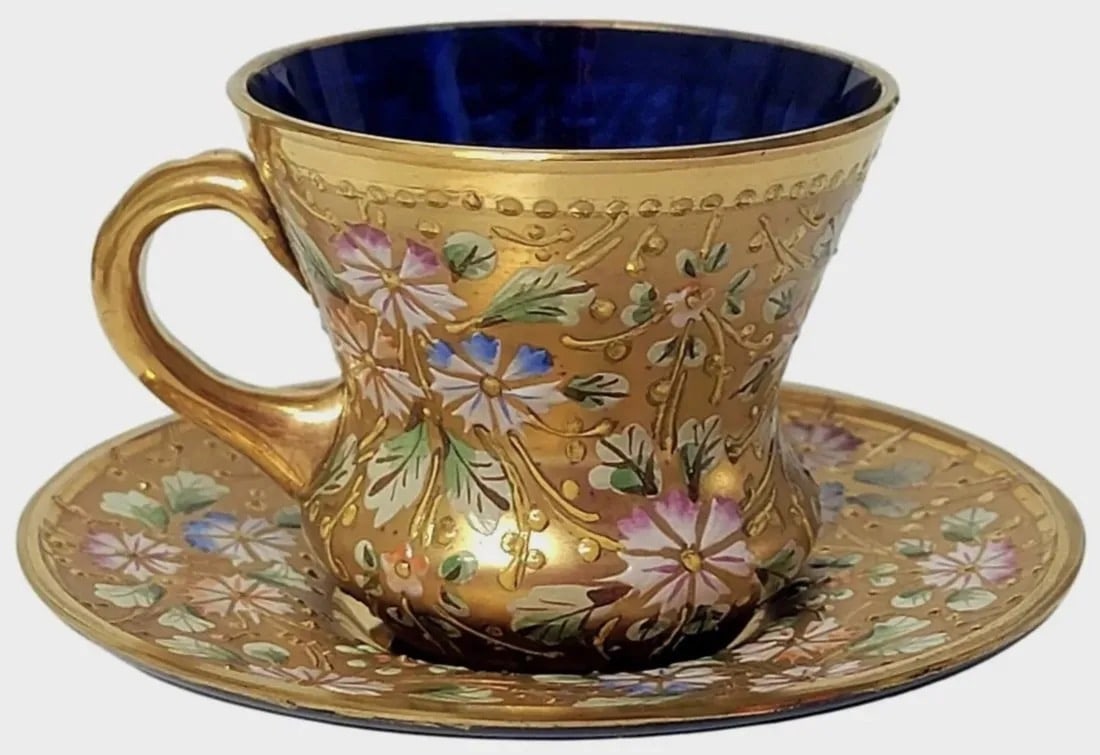 A GOOD ENAMELED MOSER CUP AND SAUCER (1 of 4)