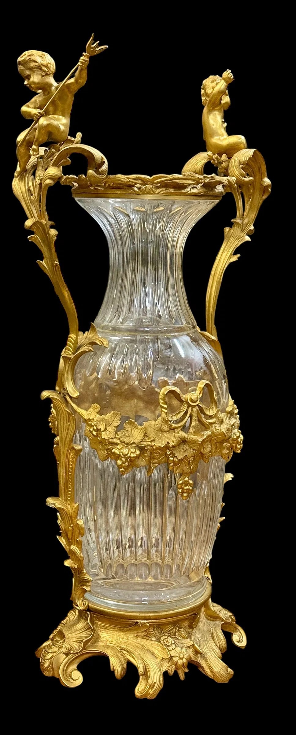 A PALATIAL ORMOLU MOUNTED BACCARAT STYLE CRYSTAL VASE: Measures 32 inches high. In very good condition. Estimate $5000-6000