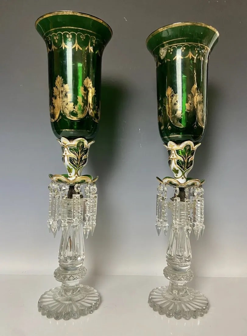 PAIR OF BOHEMIAN GLASS HURRICANE LAMPS: Circa 1880. Measure 24 inches high. In good antique condition, minor minute chips to bottom of the base. Estimate $2.500-3.000
