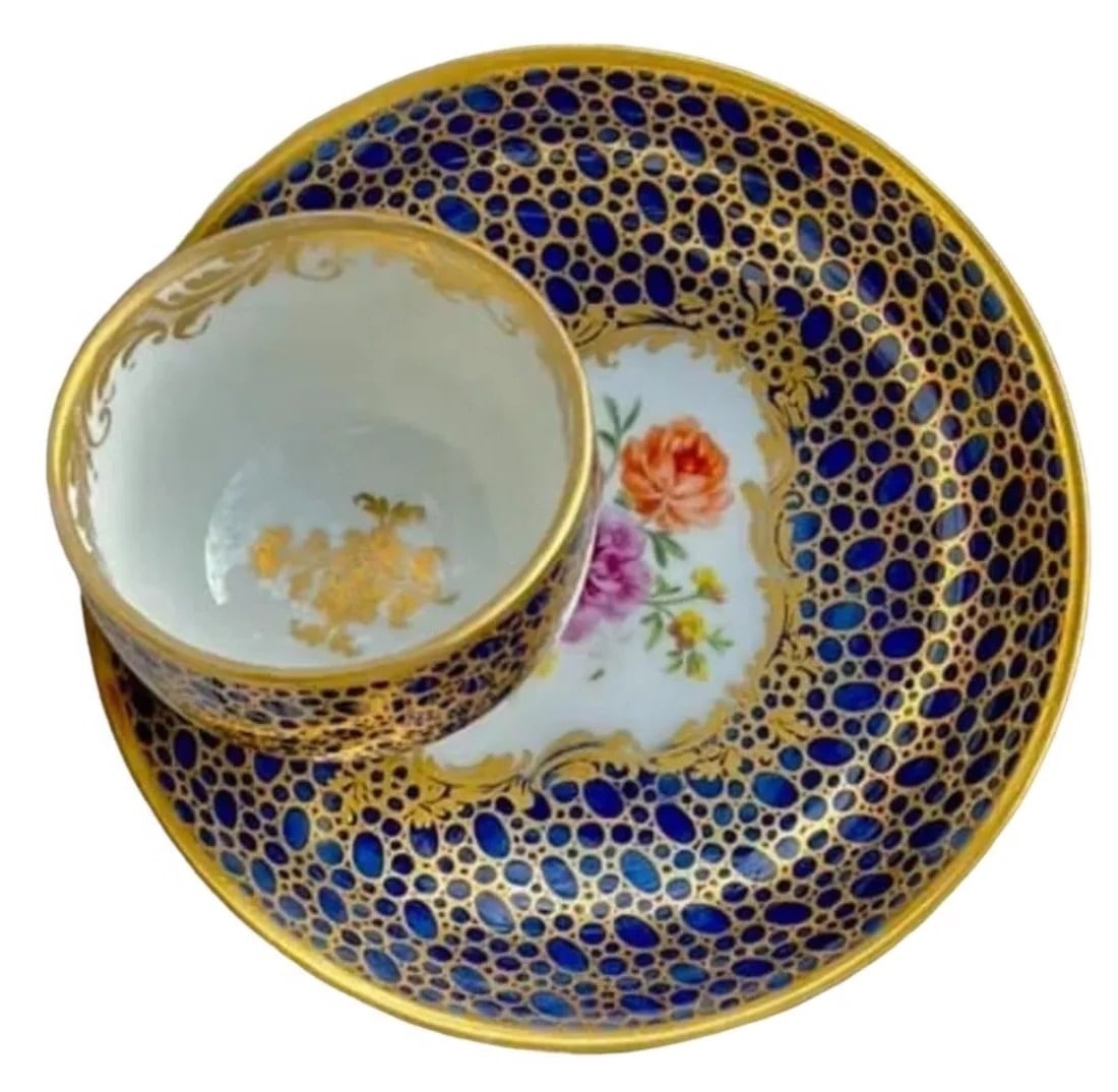19TH C. ROYAL VIENNA TEA BOWL AND SAUCER: Royal Vienna 19th cup and saucer Stunning Gilding and Flowers decorHallmark, see picture, numbered 39 and 36Pieces of a high beauty and qualitySplendid finely hand painted decor of varied color flower