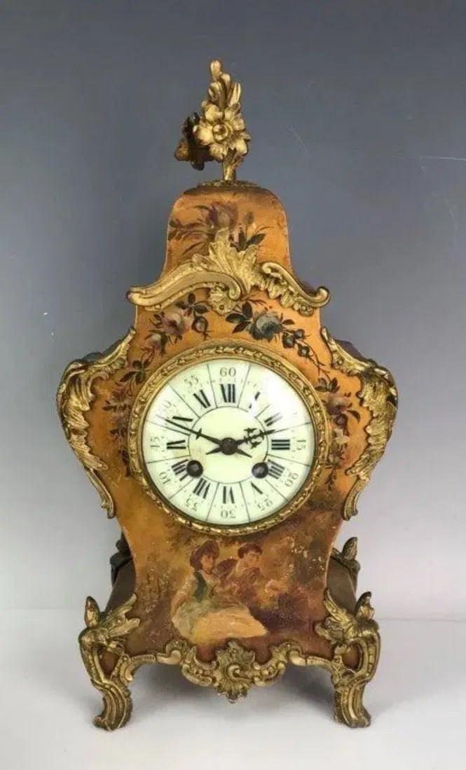 19TH C. FRENCH VERNIS MARTIN CLOCK: Dore bronze mounted , measures 16" High. Estimate $1.000-1.200