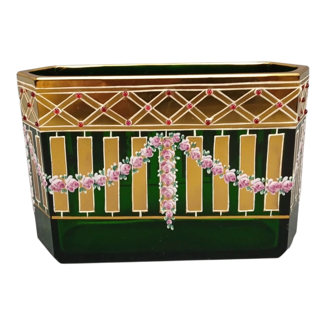 A FINE ENEMELLED MOSER VASE: Circa 1900. Dimensions: 5 3/4 inches x 2 1/4 inches x 3 3/4 inches tall. in very good condition.Estimate $600-800