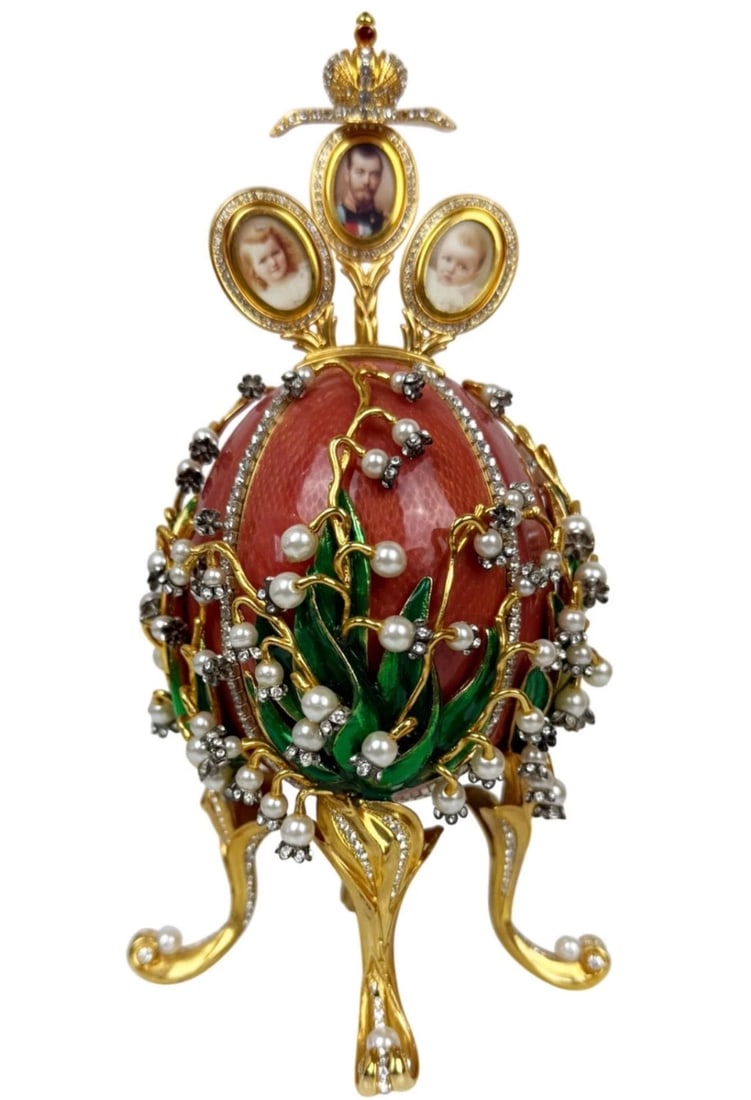IMPERIAL FABERGE ENAMEL JEWELLED LILY OF THE VALLEY EGG: This is a Fabergé jewelled egg inspired by the celebrated Lilies of the Valley Imperial Easter Egg created in 1898 for Tsar Nicholas II - do not compare this original branded Fabergé egg to the