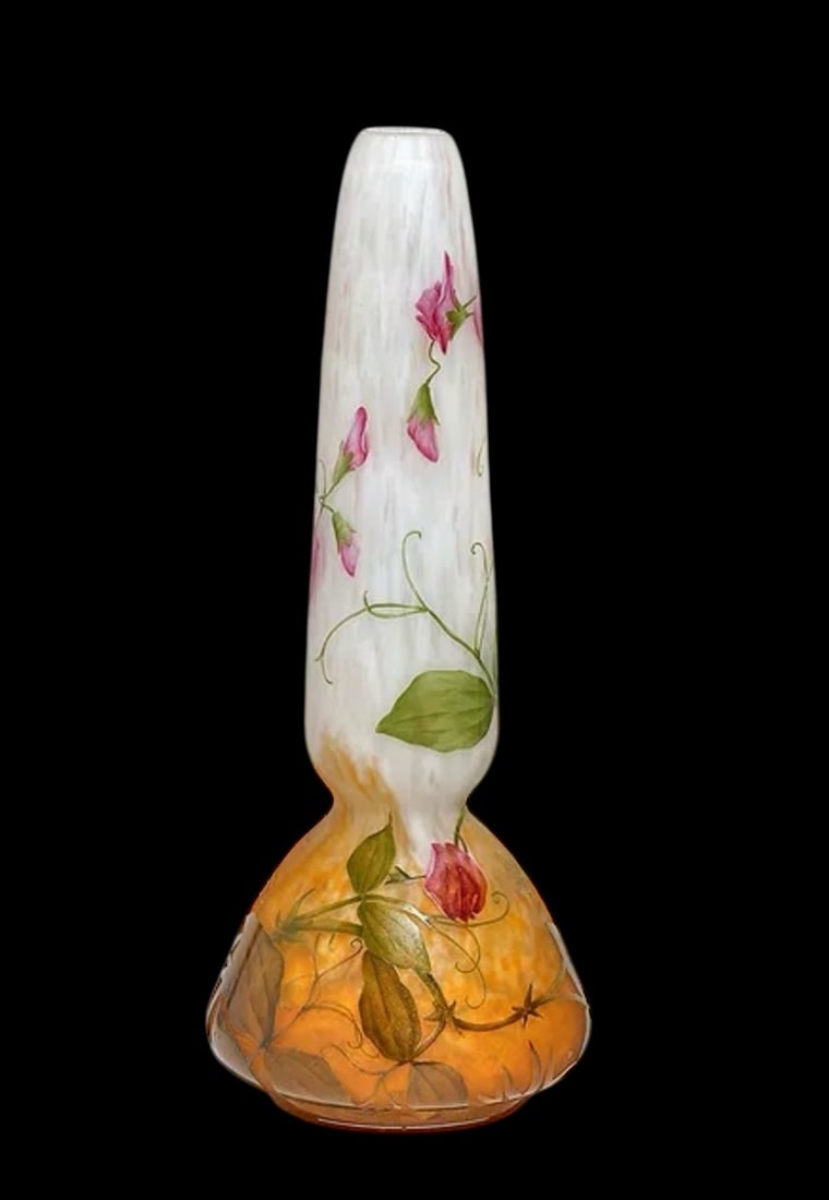 LARGE DAUM NANCY VASE 13.5”: Circa 1910. wheel-carved cameo glass, signed in cameo 'DAUM NANCY' with Cross of Lorraine, initialed 'R.' on undersideheight 13 1/2in (34.3cm); diameter 5 1/2in (14cm).Excellent condition . Estimate $