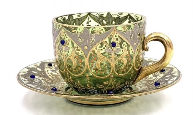 19TH C. JEWELED AND ENAMELED MOSER CUP AND SAUCER: In good antique condition. Estimate $500-600