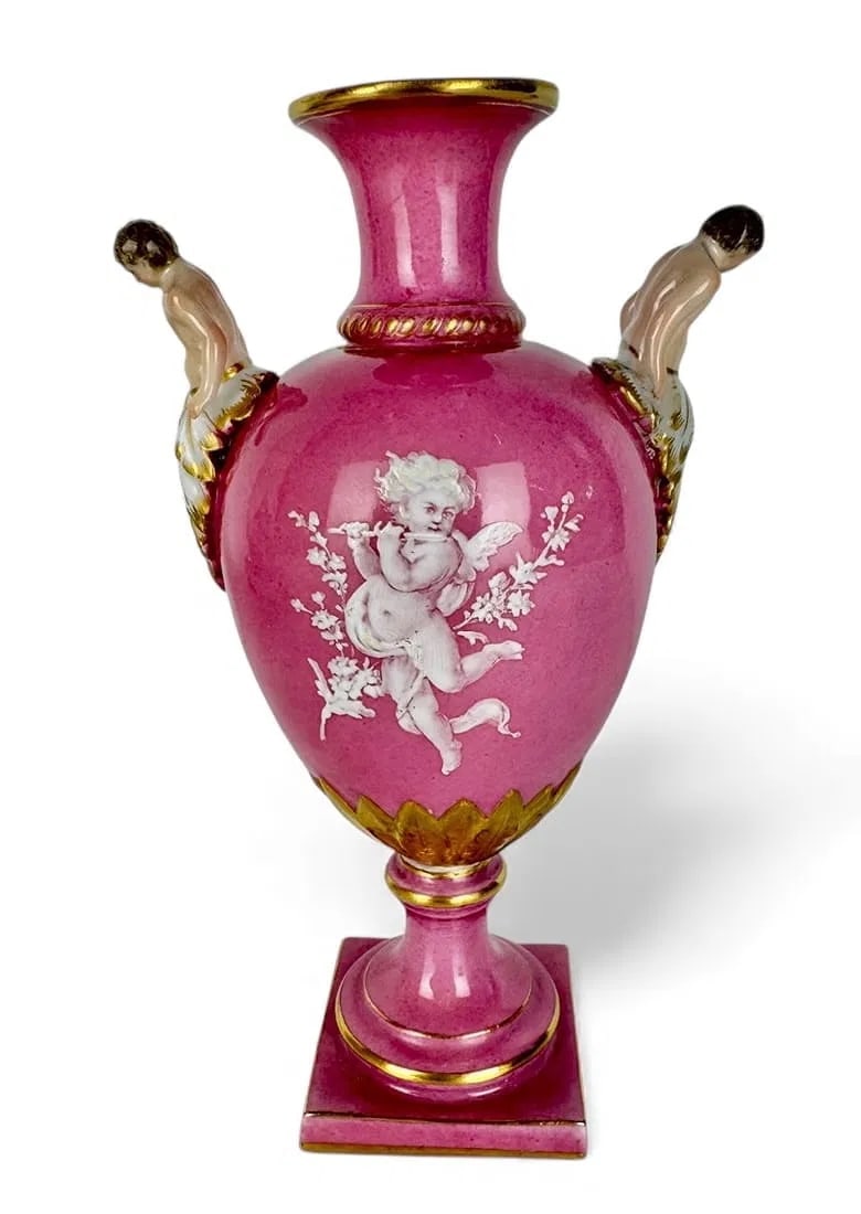 19TH C. MEISSEN FRENCH ENAMEL VASE: First quality . Measures 6 inches h. Some restoration to one handle only, otherwise in excellent condition. Estimate $3000-4009