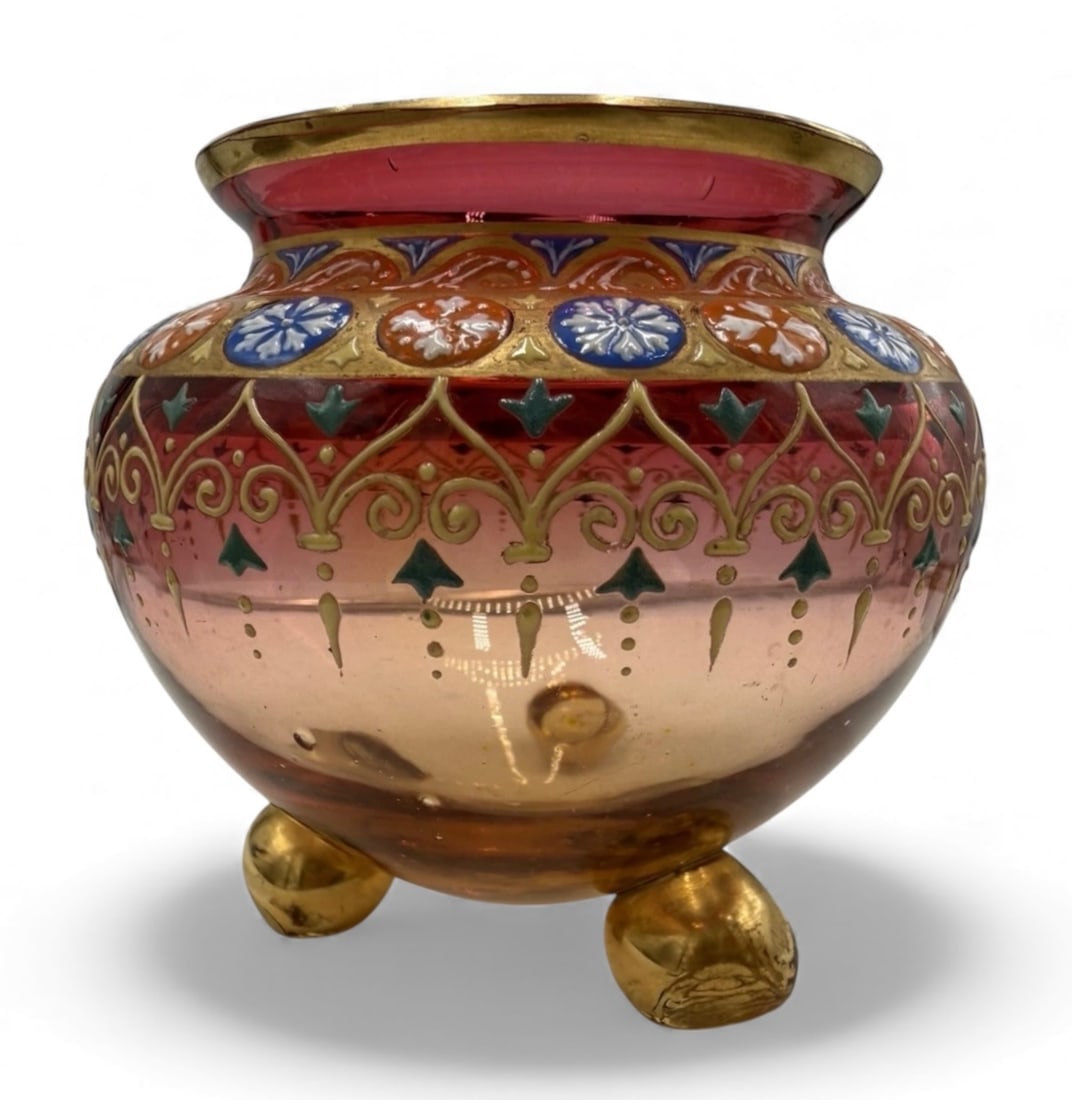 SIGNED ENAMELED MOSER BOWL: Circa 1900. Measures 5 inches d., 3 inches high. Signed Moser. In good condition. Estimate $500-600