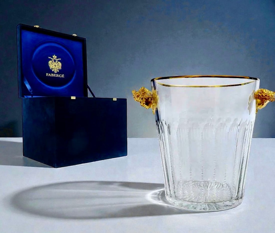 IMPERIAL FABERGE ORMOLU MOUNTED ICE/ CHAMPAGNE BUCKET: In original presentation box. Signed FABERGE. Estimate $4000-5000