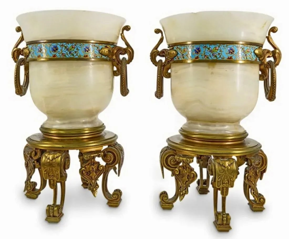 A PAIR OF 19TH C. CHAMPLEVE ENAMEL AND ALABASTER URNS: Measure 13.5 inches; high. Estimate $3.000-4.000