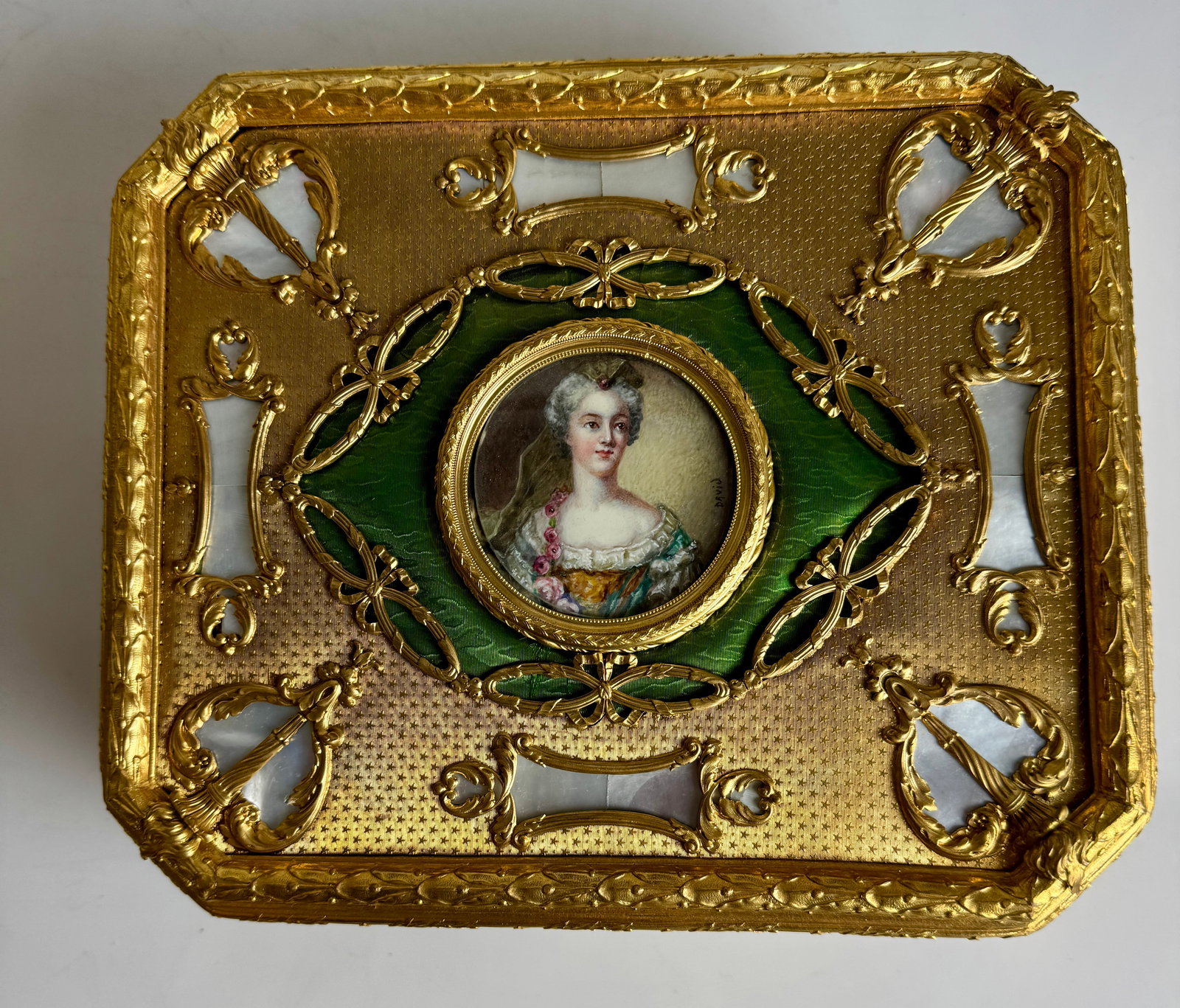 LARGE ORMOLU LIMOGES ENAMEL BOX: Inlaid with mother of pearl. Measures 10” x 10” x 4.5” h. Estimate $1500-2000