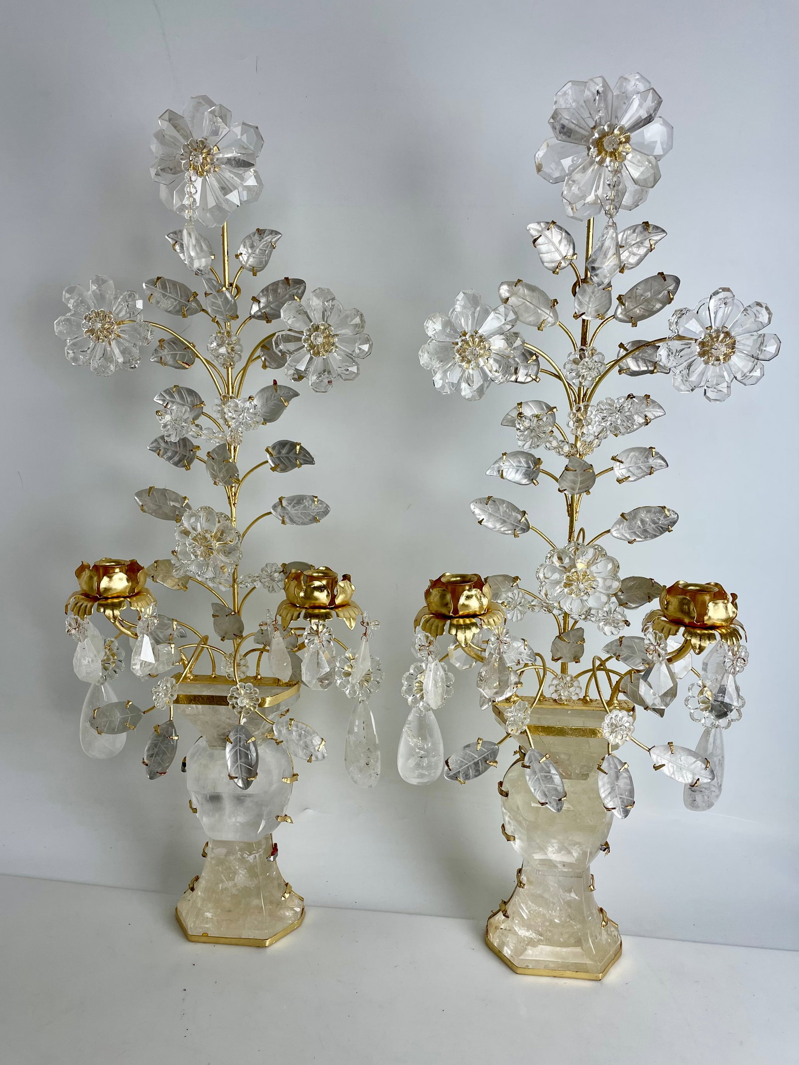 A LARGE PAIR OF ROCK CRYSTAL AND METAL WALL SCONCES: Measure 30” high. In overall excellent condition. Estimate $5000-6000