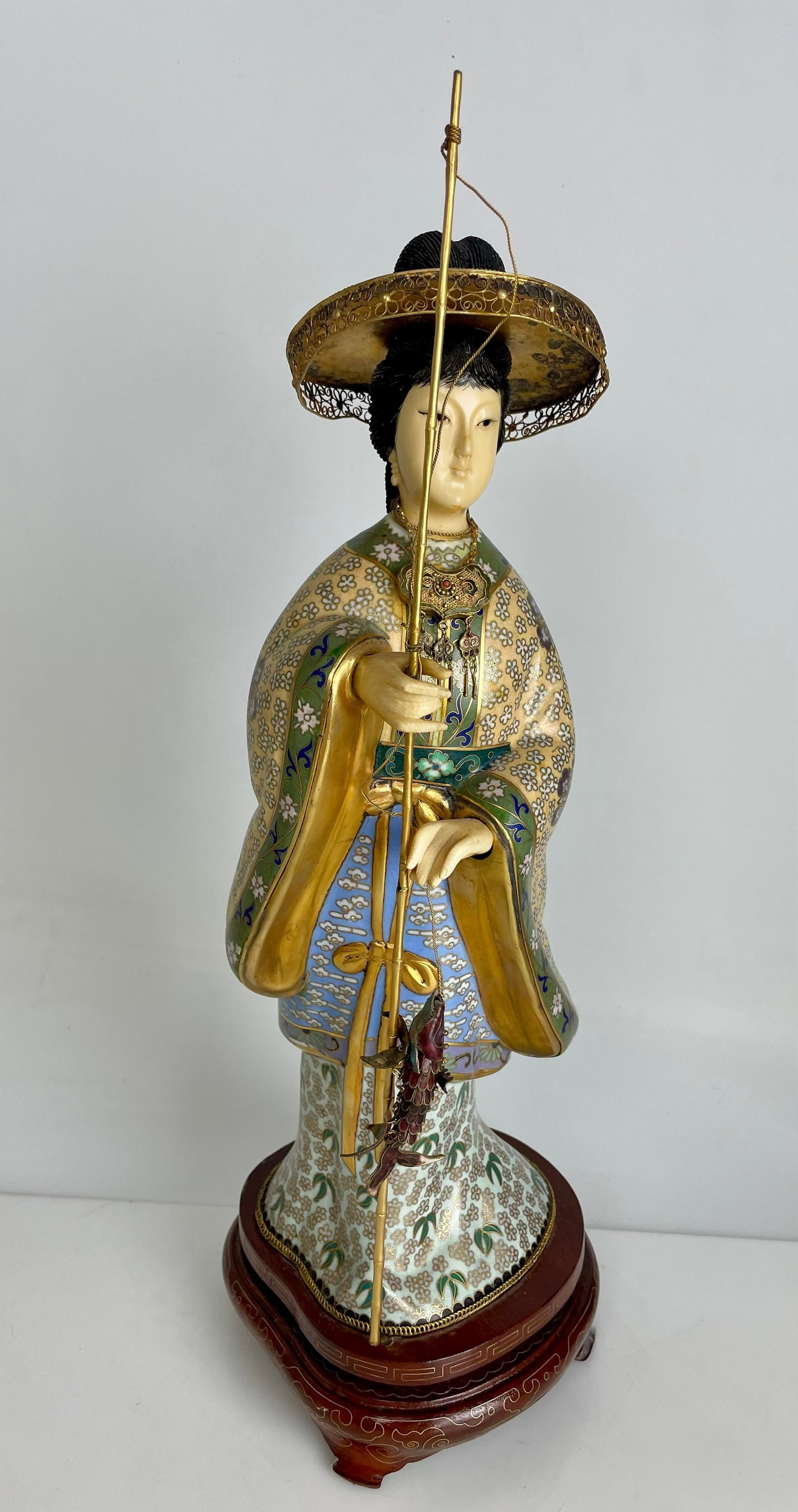 CHINESE CLOISONNE ENAMEL ON METAL AND SILVER DECORATED GUAN YEN: Measures 17 inches high. Estimate $500-700