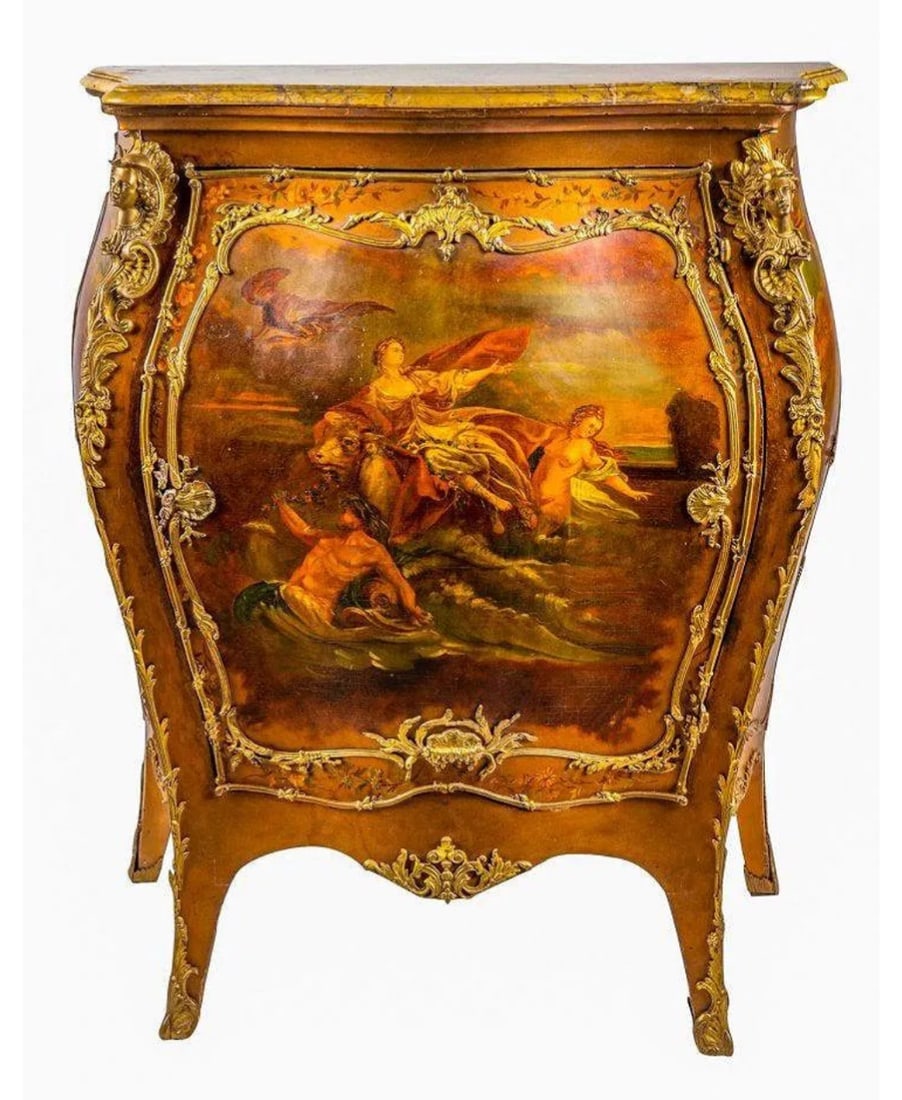 19TH C. VERNIS MARTIN ORMOLU MOUNTED COMMODE: With marble top. Dimensions: 38 inches wide; 20 inches deep; 46 1/2 inches high.Estimate $5.000-6.000