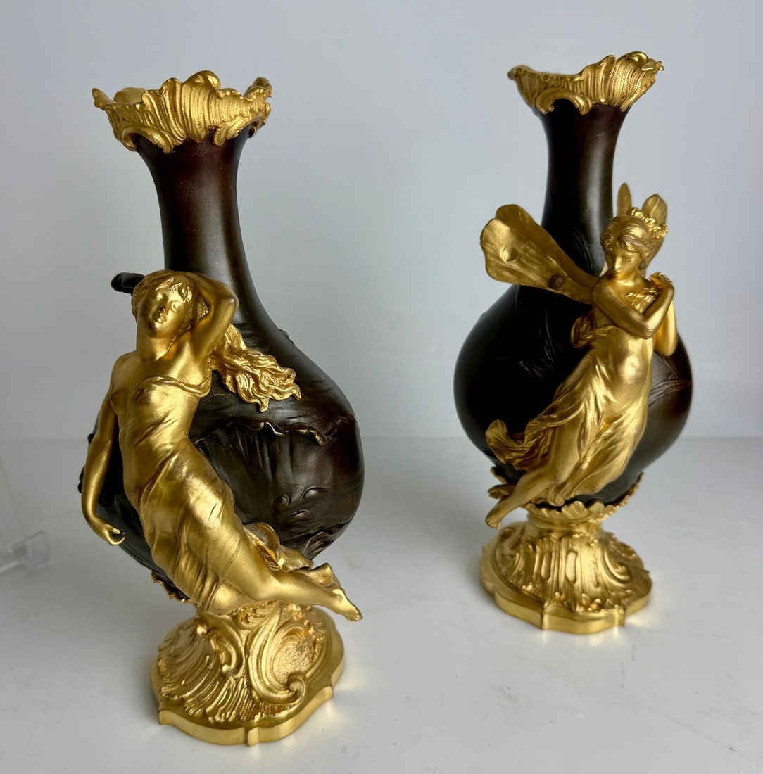FINNE PAIR OF ART NOUVEAU BRONZE FIGURAL VASES: Pair of French Gilt and Patinated Bronze Fairy Vases, after a model by Charles Georges Ferville-Suan (French, 1847-1925) in the Art Nouveau style, each with a central fairy figure against a floral
