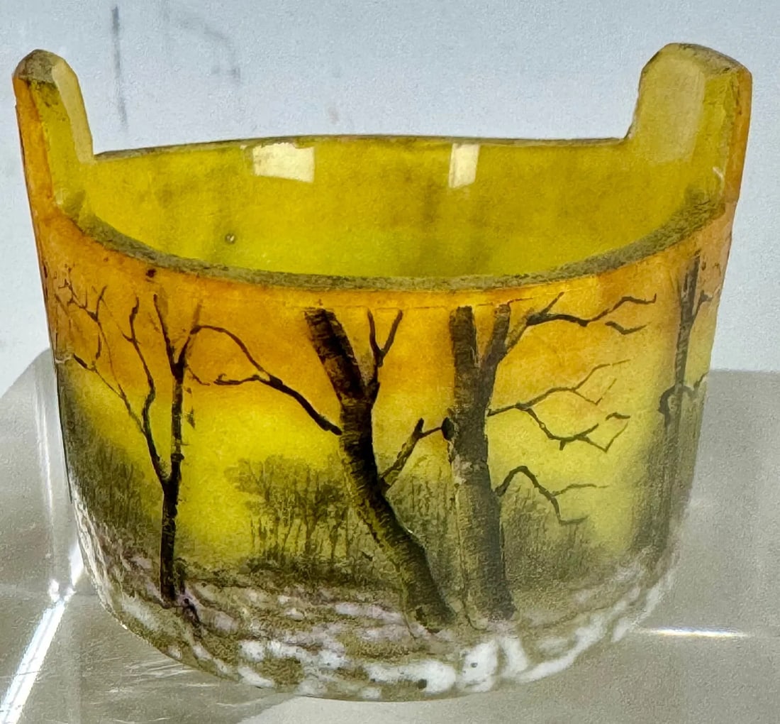 DAUM NANCY MINIATURE WINTER SCENE SALT: Circa 1900. DIMENSIONS: H: 1.325" W: 1.75" L: 1.75". Estimate $1000-1200