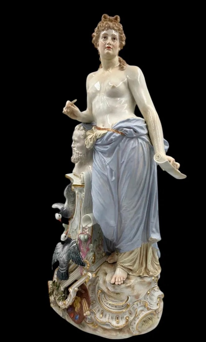 A LARGE 19TH C. MEISSEN FIGURE: First quality cross swords mark. Measures 21 inches high. Estimate $15000-20000