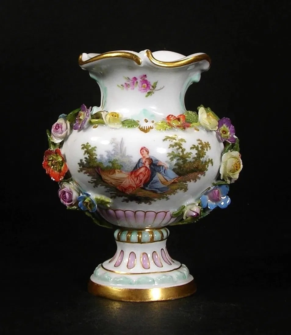 19TH C. MEISSEN MINIATURE VASE: Painted with Watteau scene. Measures 6 inches h. In good condition. Estimate $400-500