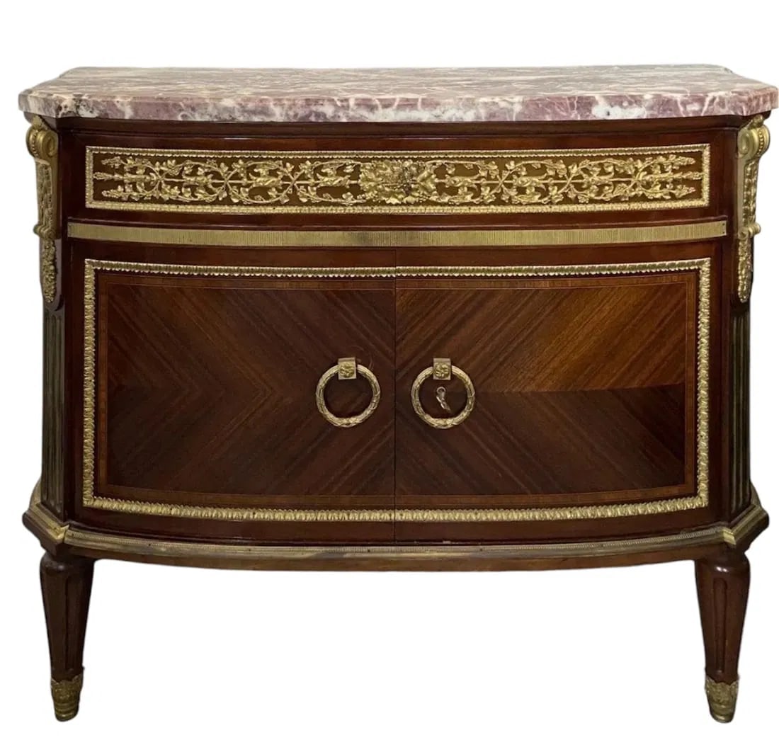 19TH C. DORE BRONZE MOUNTED MARBLE TOP COMMODE: Measures 45 inches long, 19 inches w., 40 inches high. In very good condition. Estimate $5000-6000