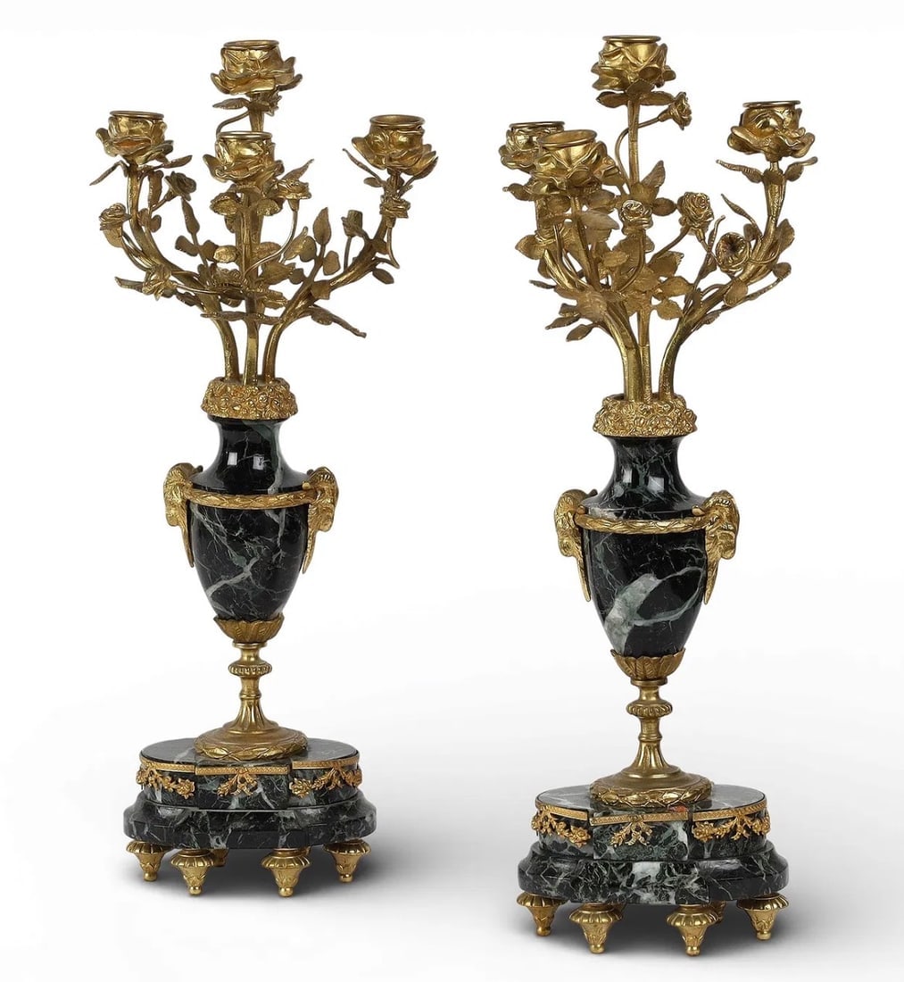 A PAIR OF ORMOLU MOUNTED VERDE MARBLE CANDELABRA: Dimensions: height 17 1/2 x width 7 x depth 5 in. (44.5 x 17.8 x 12.7 cm.). Estimate $1000-1200