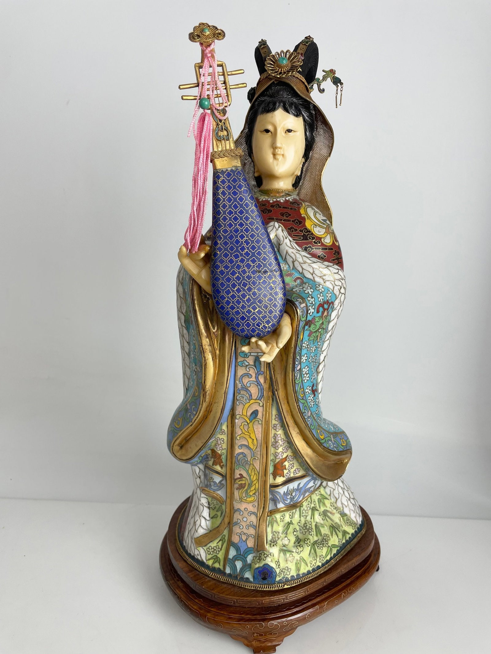 CHINESE CLOISONNE ENAEL ON METAL AND SILVER DECORATED GUAN YEN: Measures 16 inches high. Estimate $500-700