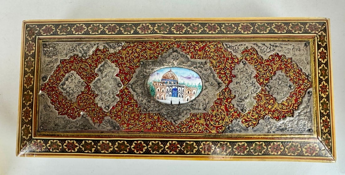 PERSIAN MONABAT KARI SILVER AND ENAMEL BOX: Circa 1950. Measures 10 inches l. In good condition. Estimate $400-500
