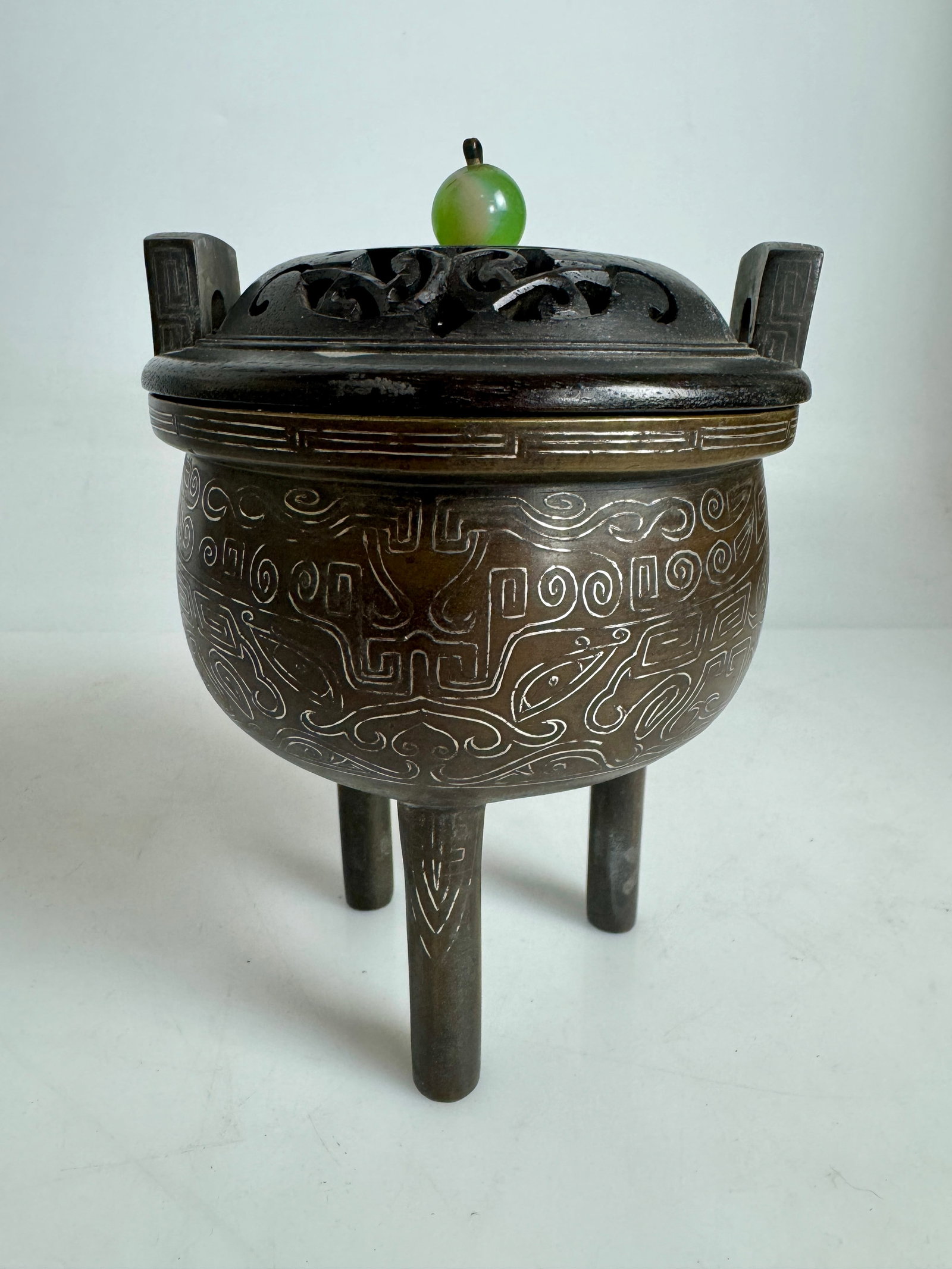 CHINESE SILVER INLAID BRONZE INCENSE BURNER (1 of 5)