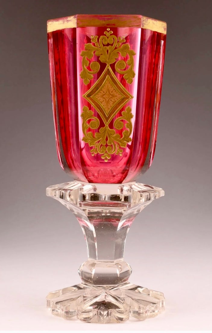 LARGE 19TH C. MOSER GLASS: Measures 10” high. In overall good condition, minor loss of gold. Estimate $600-800
