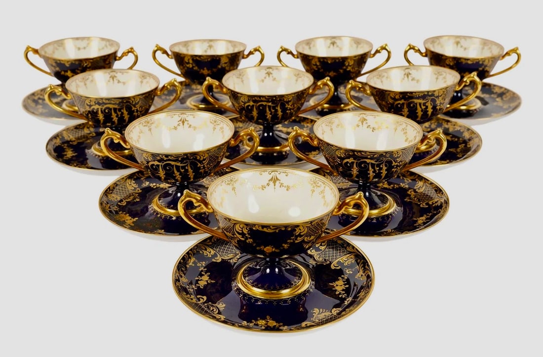 SET OF 10 LAMM DRESDEN PORCELAIN CUP AND SAUCERS: Circa 1900, each marked to underside, cup: 2 3/4 x 5 x 3 in. All in perfect condition. Estimate $3000-4000