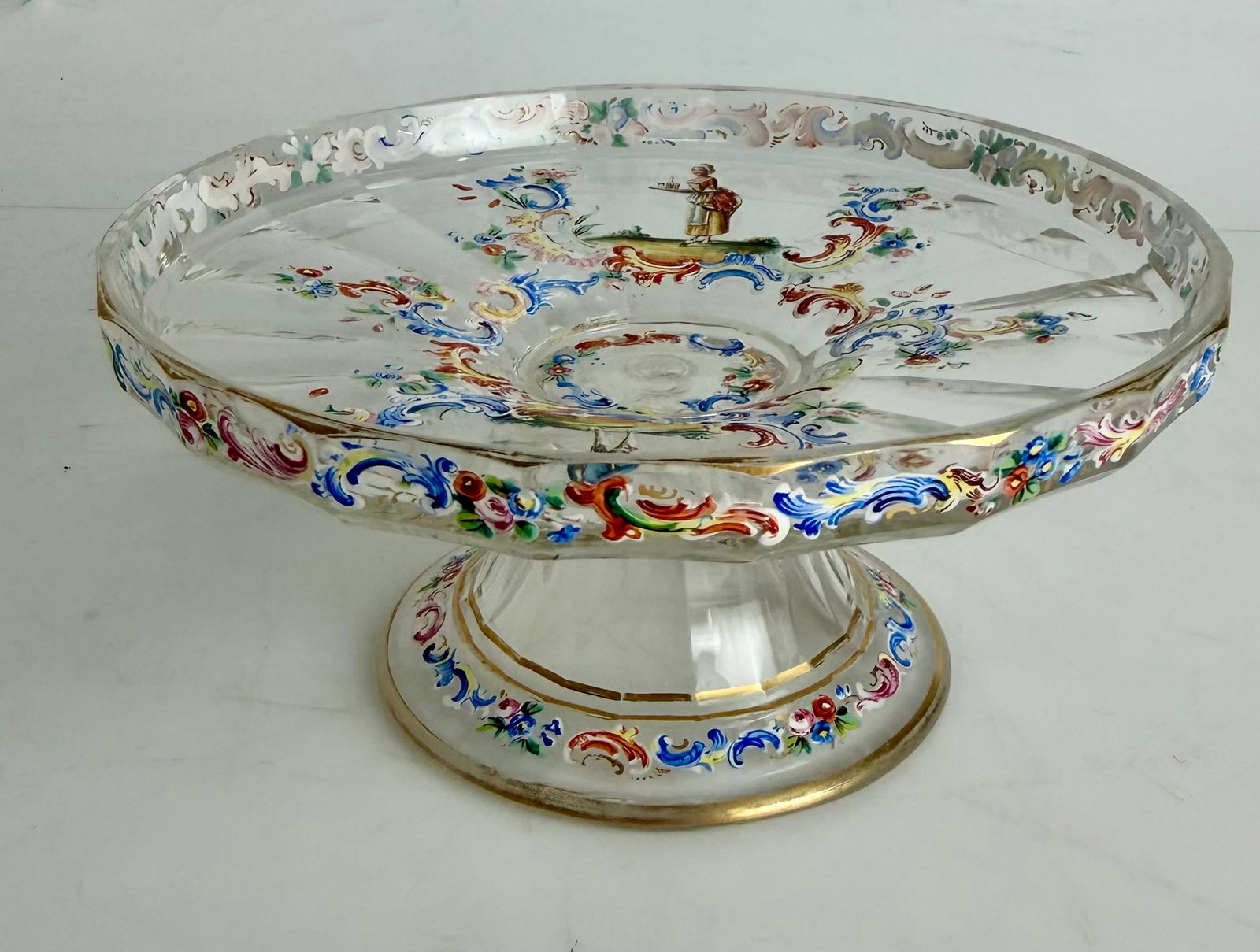 19TH C. LOBMEYR ENAMELLED GLASS COMPOTE: Measures 6” d., 2.5” h. In good condition, minor age related loss of gold. Estimate $800-1000