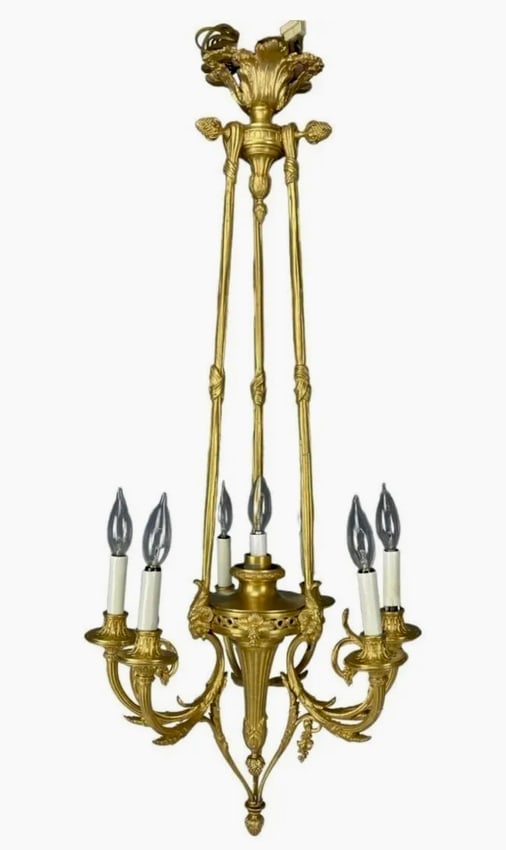 19TH C. DORE BRONZE 7 LIGHT CHANDELIER: Measures 38 inches high, 18.5 inches diameter. In good working condition, recently rewired. Estimate $3.000-3.500