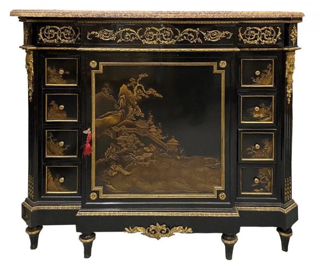 LOUIS XVI ORMOLU-MOUNTED EBONY & JAPONAISM LACQUER: Circa 1780. Ebony decorated with a Japanese lacquer panel edged with nashiji and leaf-tip friezes, with marble top. Stamped P. Hager. Measures 49 inches Long, 20 inches deep, 41 inches high. In very