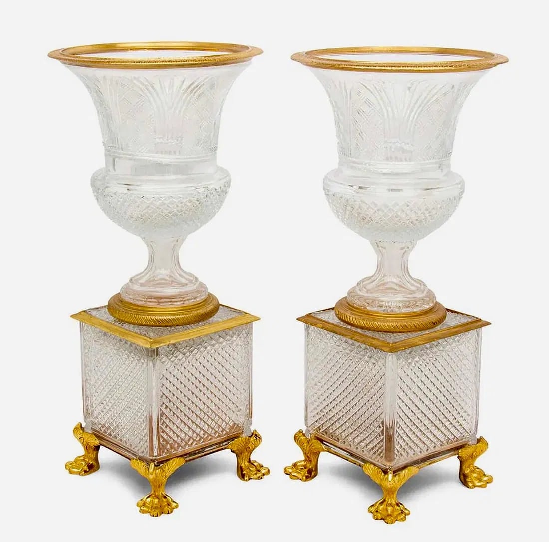A LARGE PAIR OF ORMOLU MOUNTED BACCARAT STYLE VASES: Measures 21.5 inches tall. In excellent used condition. Estimate $3000-4000