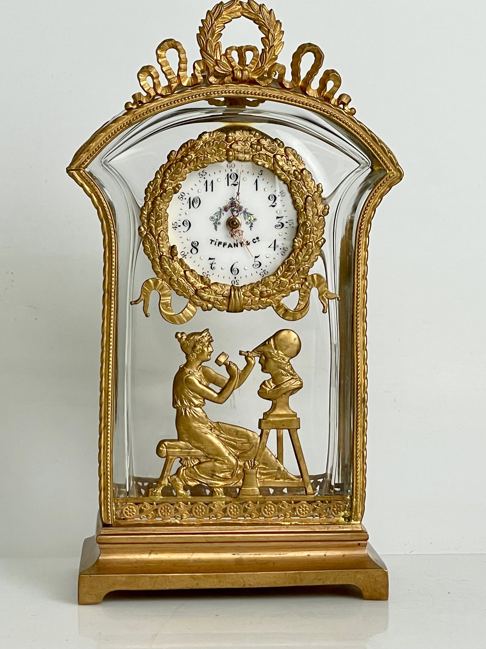 TIFFANY CRYSTAL AND ORMOLU CLOCK: Circa 1900. Measures 7” high. In good condition. Not tested to keep time. Estimate $1000-1200