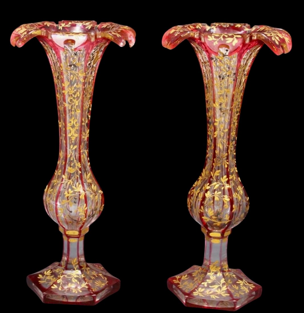 A LARGE PAIR OF ENAMELED AND GILT MOSER VASES (1 of 3)