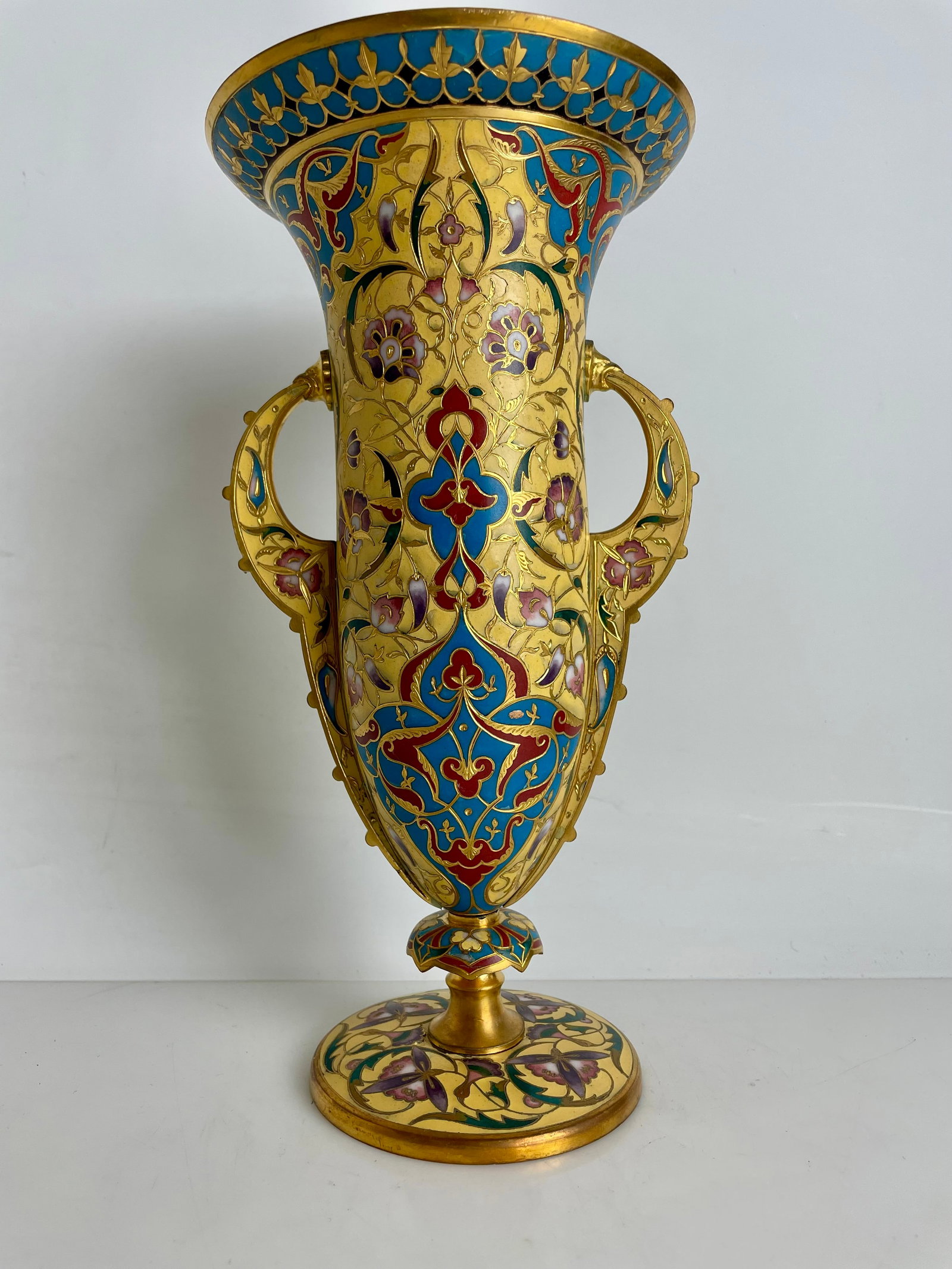 19TH C. FRENCH CHAMPLEVE ENAMEL VASE SIGNED F. BARBEDIENNE: Measures 10.5 inches high. In good antique condition. Estimate $1500-2000