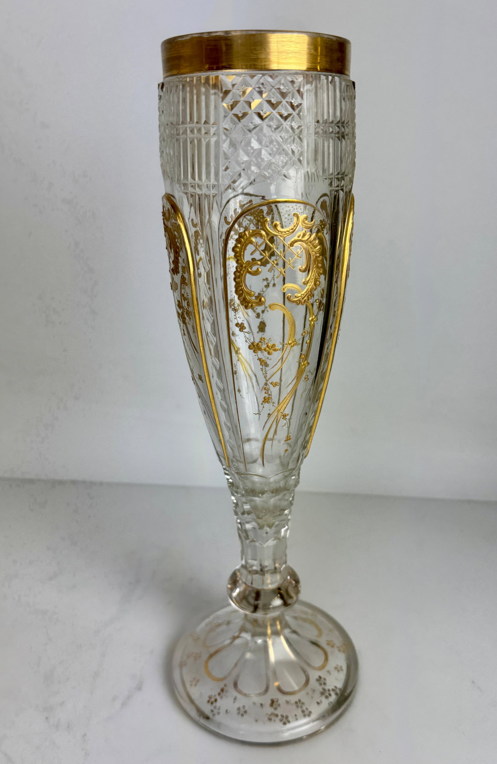 GILT AND ENAMELED MOSER GLASS VASE: Circa 1900. Measure 12” h. In good condition, minor age related gilt loss. Estimate $500-600
