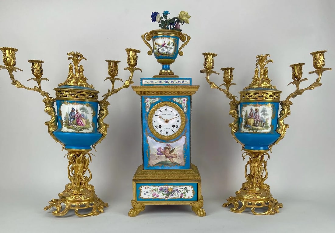 19TH C. ORMOLU MOUNTED SEVRES PORCELAIN CLOCK GARNITURE (1 of 2)