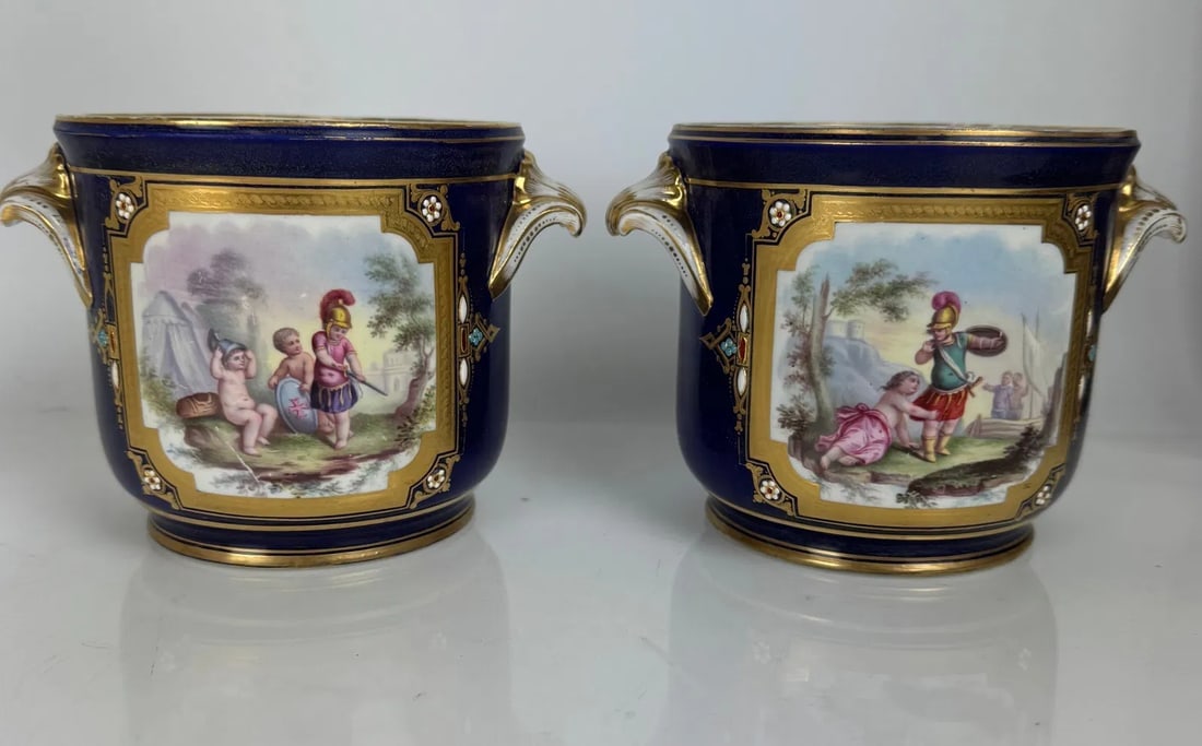 A PAIR OF JEWELED SEVRES FLOWER POTS: Circa 1880. Measures 7 inches tall. No breaks, no restoration. Estimate $800-1000