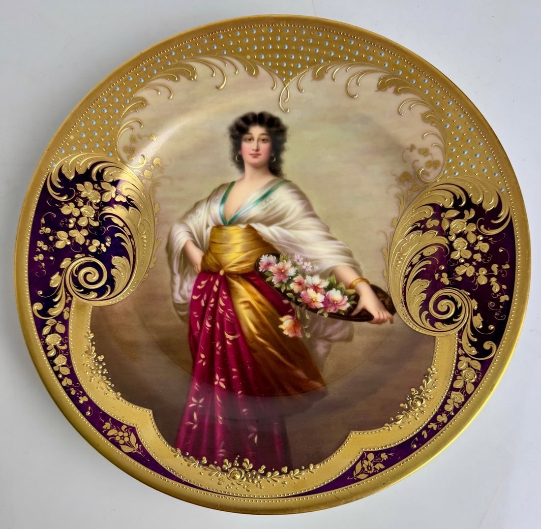 ART NOUVEAU ROYAL VIENNA JEWELLED PLATE: Circa 1920. Measures 10.5 inches d. In excellent condition. No cracks, no breaks , no restoration.Estimate $1500-2000