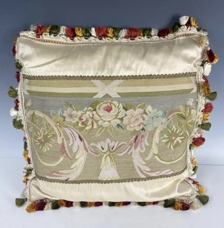 SILK AND 19TH C. TAPESTRY PILLOW: Measures 17 inches x 17 inches . In good antique condition. Estimate $600-800