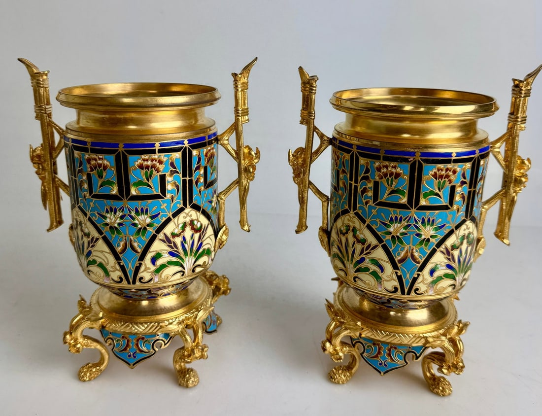 A PAIR OF FRENCH CHAMPLEVE ENAMEL VASES (1 of 4)