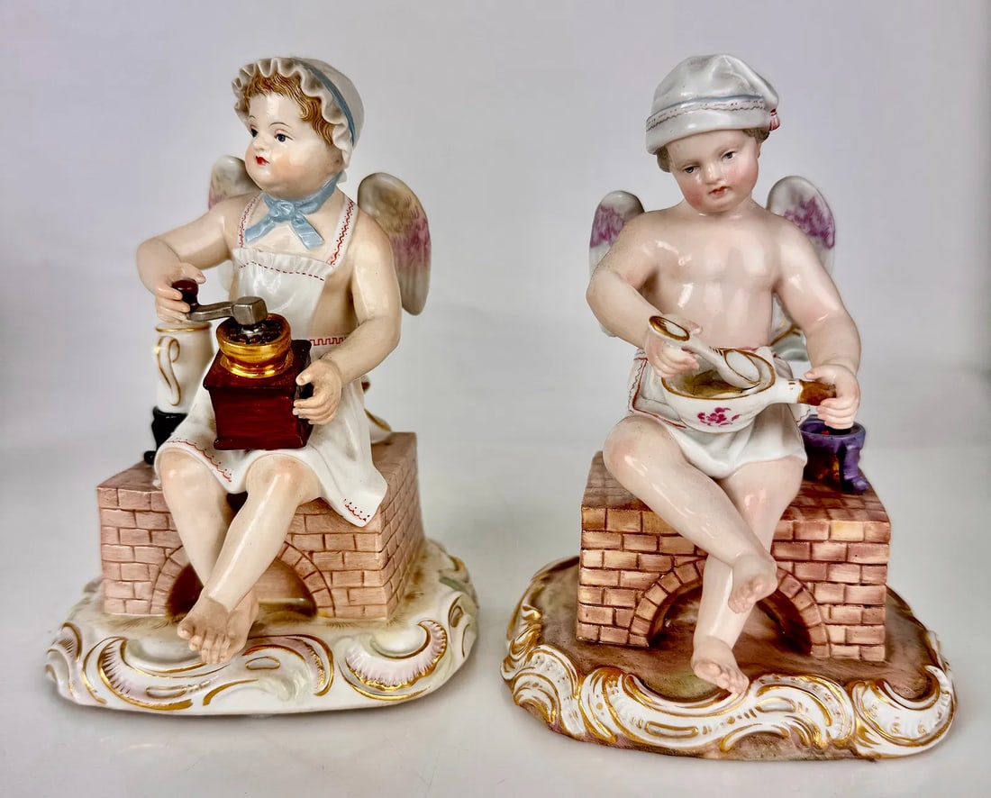 A PAIR OF 19TH C. MEISSEN PORCELAIN FIGURES: First quality cross swords marks. Measure 6.5 inches h. In good condition. Estimate $1600-1800