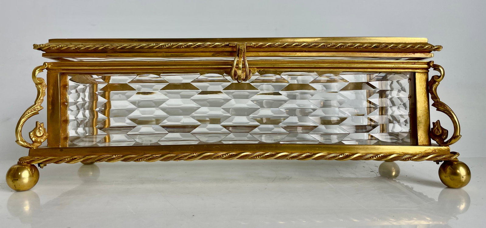LARGE ORMOLU MOUNTED BACCARAT STYLE CASKET: Circa 1900. . Dimensions : 4.25 x 12.5 x 5.25 in — 10.8 x 31.8 x 13.3 cm. Good used condition.Estimate $2000-2500