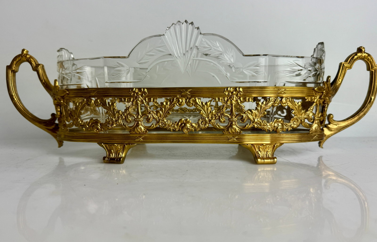 ORMOLU MOUNTED BACCARAT CTYSTAL CENTERPIECE: Circa 1900. Measures 15” L. 5” h. In excellent condition. Estimate $1500-2000