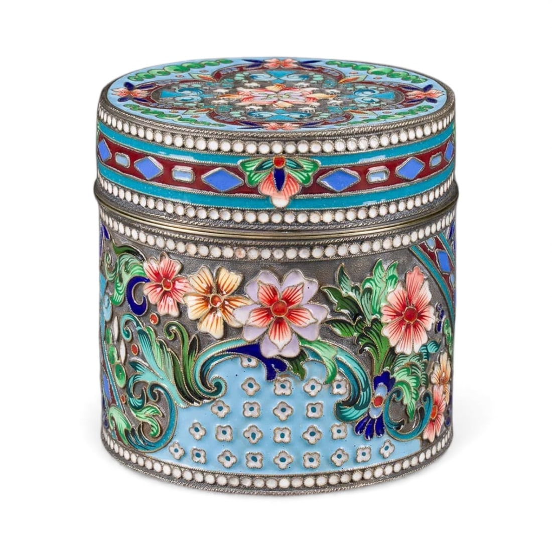 RUSSIAN SILVER ENAMEL BOX SIGNED FABERGE: Circa 1900. Measures 7cm. In good condition. Estimate $1500-2000
