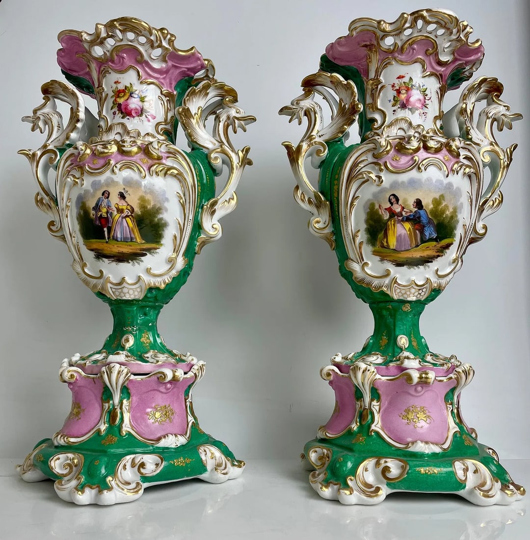 A LARGE PAIR OF 19TH C. PARIS PORCELAIN VASES: Measures 16.5 inches h. Some restoration. Estimate $800-1000