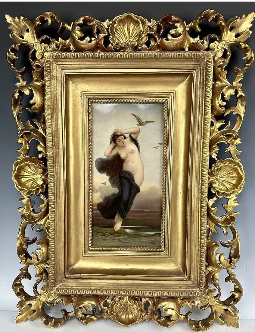 LARGE BERLIN KPM PORCELAIN PLAQUE: Circa 1900. painted after William-Adolphe Bouguereau (French, 1825-1905), impressed "K.P.M." with scepter mark and artist signed "K.Muller".Dimensions :25 1/2 × 19 1/2 inches (frame) 12 3/4 × 6 1/2 