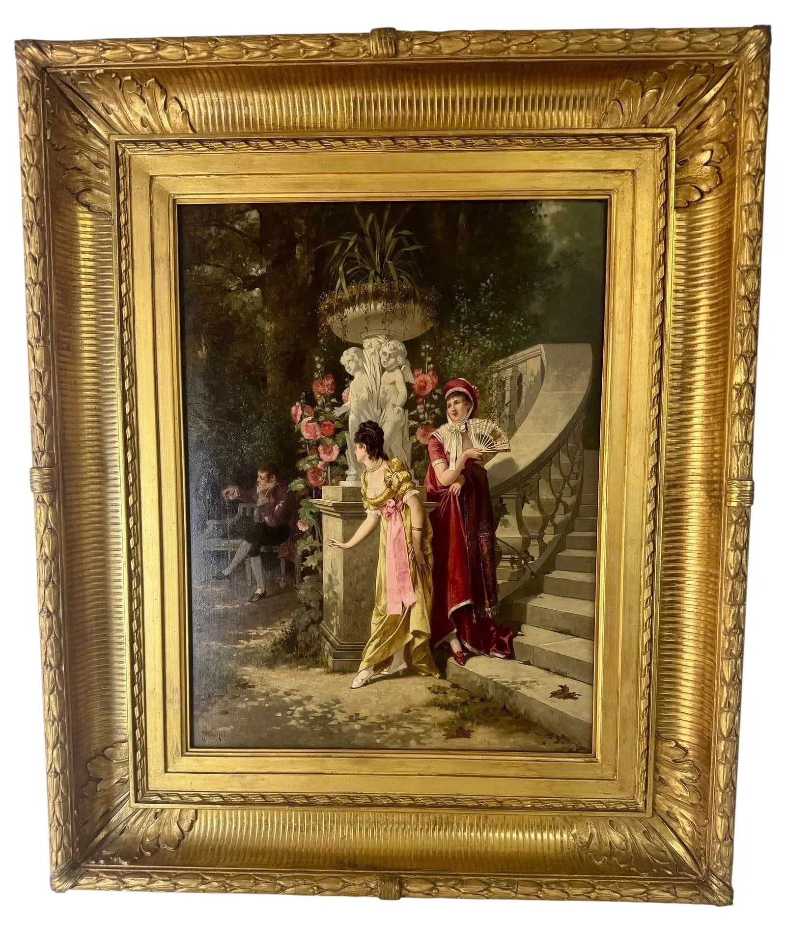 19TH C. OIL PAINTING ON BOARD: Signed Charles Hue. Measures 31 inches x 26 inches framed. Excellent antique condition. Estimate $6000-8000