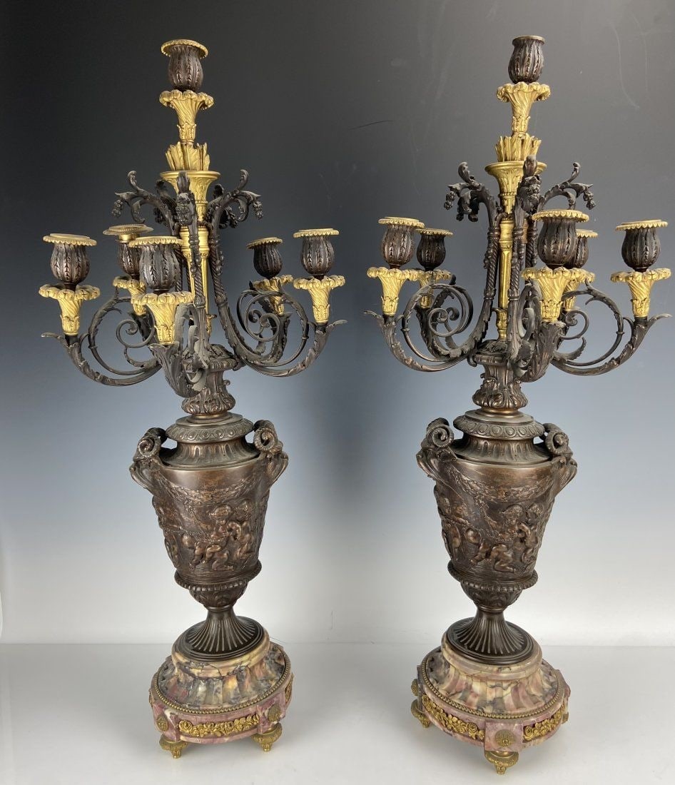 A LARGE PAIR OF BRONZE AND MARBLE CANDELABRA (1 of 5)